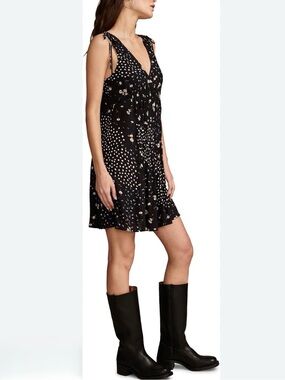 Lucky Brand Black Smocked Dress Floral & Dot Tie-Shoulder Mini Dress XS
